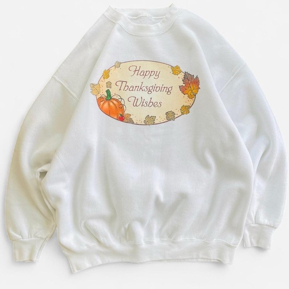 Vintage Tops - Vintage White Oversized Fall Happy Thanksgiving Wishes Holiday Sweatshirt